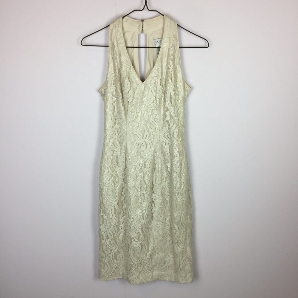 Cache Lace Sheath Dress Size 0 Womans Ivory Cream Halter Sleeveless V-Neck Lined